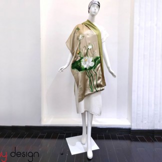 Khăn lụa 2 mặt thêu tay hoa sen màu oliu 60*200 cm